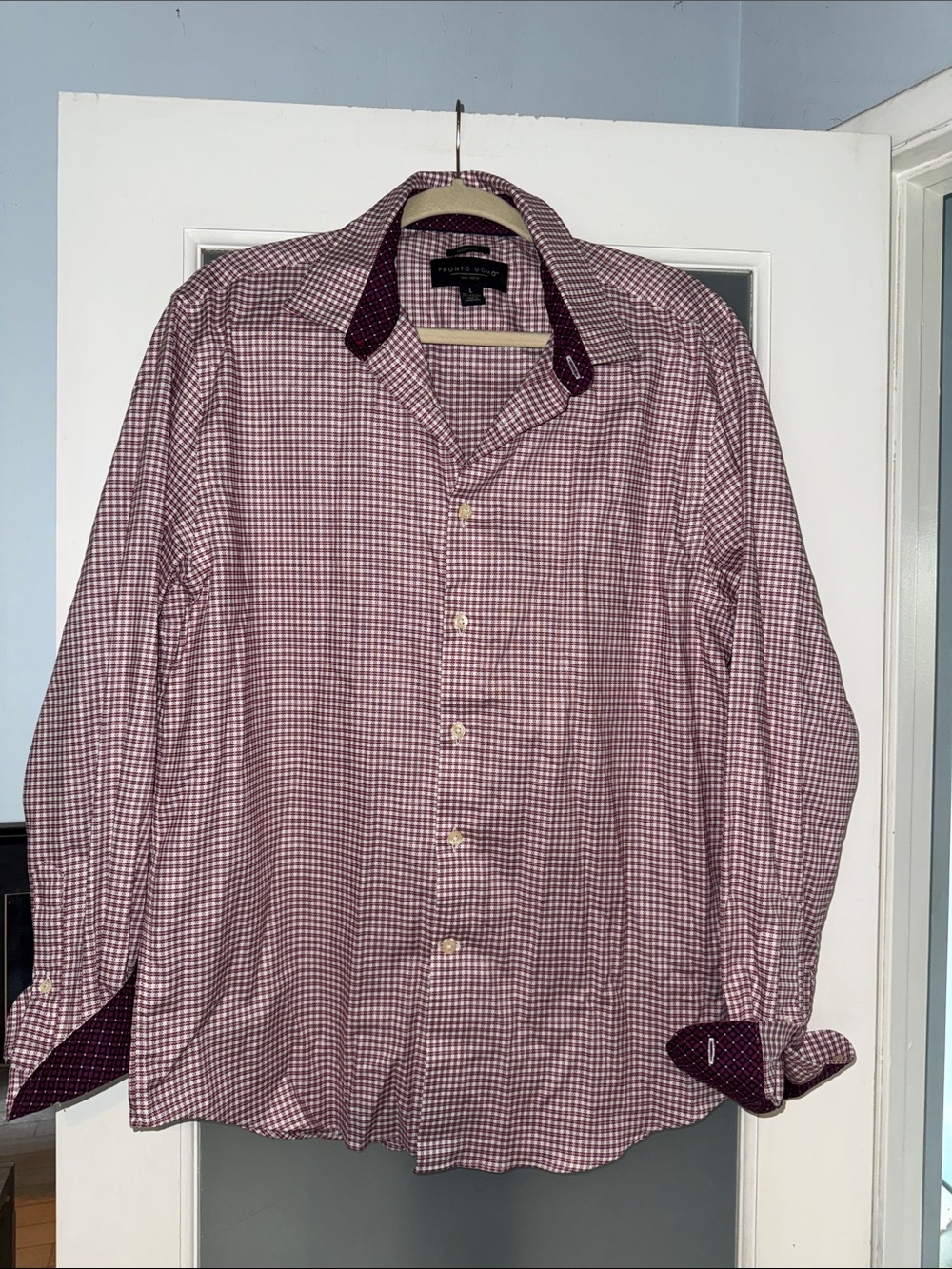 Pronto Uomo Men’s Maroon and White Gingham Dress Shirt